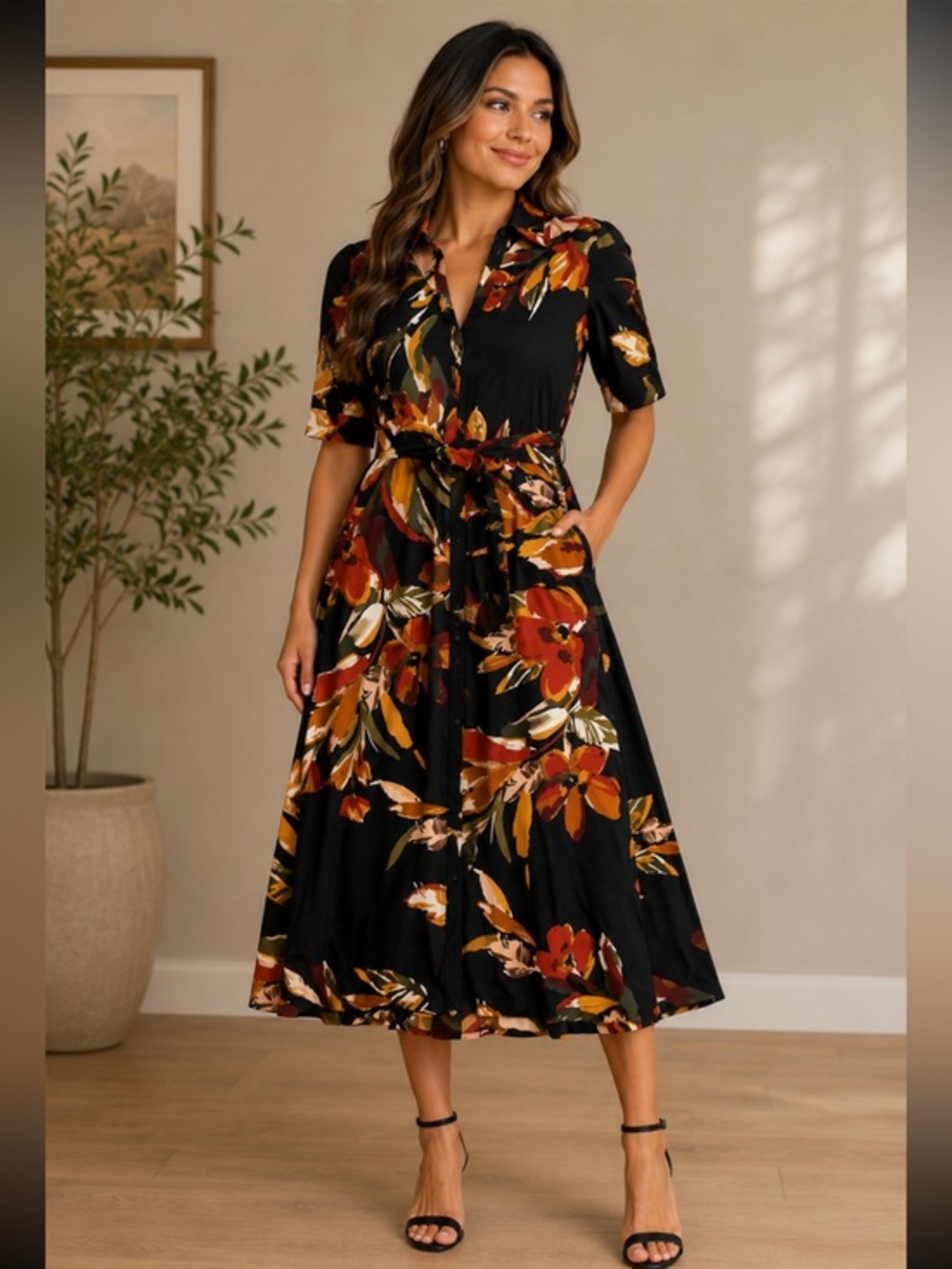 MSK Black Floral Belted Collared Midi Shirt Dress Size Medium